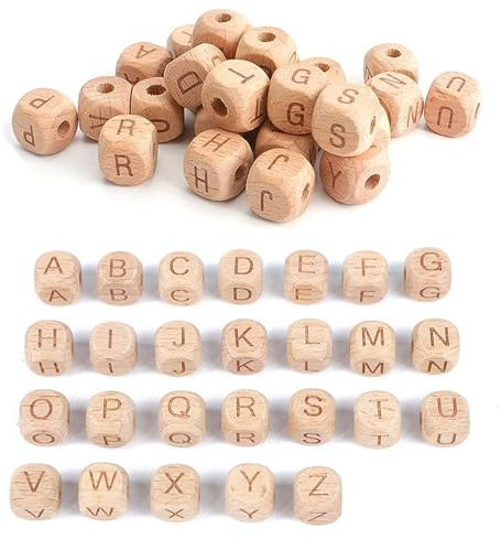 Holzbuchstaben Perlen,Buchstabenperlen,Holzperlen Alphabet Beads,Buchstaben Würfelperlen,Holzperlen mit Buchstaben Würfel,Alphabet Würfel,10 mm A bis Z,Buchstabenperlen Holz,52Pcs