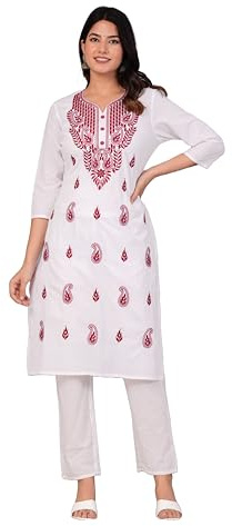 Traditionelle Chikankari-Baumwoll-Kurta-Tunika für Damen, indische handbestickte Kurti-Tunika für Frauen, Weiss/opulenter Garten, Large