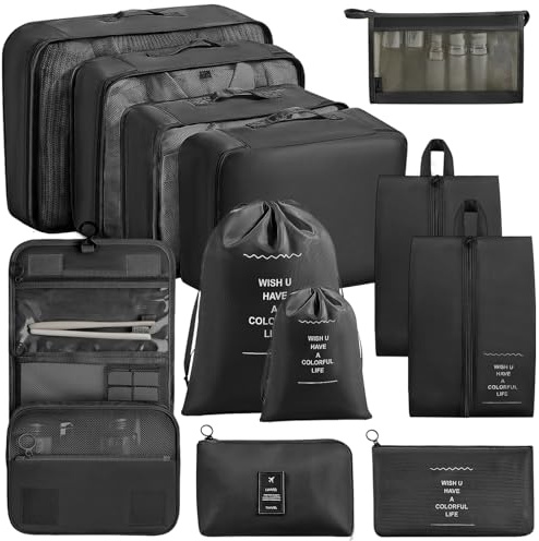 Chijoo Organisateur Valise 12 Pièces (Noir), organisateur de valise, organisateur de voyage, organisateur voyage, rangement valise organisateur, pochette rangement valise, packing cubes
