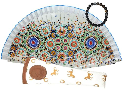 Faltfächer mit Lederhülle. Fächer mit auf das Holz gedruckten Mandalas. Inklusive Magnet oder Schlüsselanhänger mit spanischen Bräuchen.