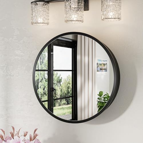 Keonjinn 20 Inch Round Medicine Cabinet with Mirror, Black Medicine Cabinet with Mirrors, Circular Surface Mount Medicine Cabinets, Framed Farmhouse Bathroom Cabinet with Adjustable Shelves