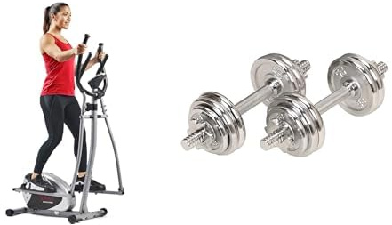 Sunny Health & Fitness Legacy Stepping Elliptical Machine, Total Body Cross Trainer with Ultra- Quiet Magnetic Belt Drive SF-E905 and Unisex's 15 KG Chrome Dumbbell Set
