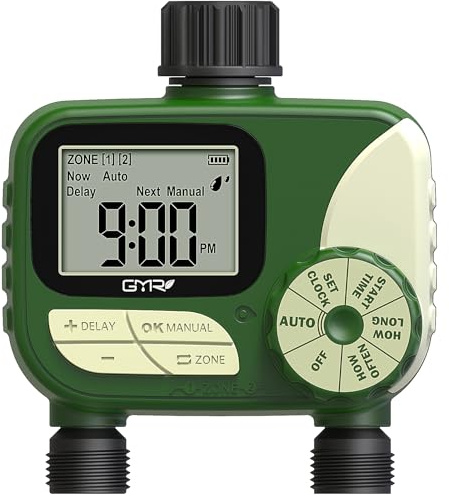 GMR Bewässerungscomputer, Gartenbewässerungssystem, Gartenschlauch-Bewässerungsuhr mit Regenverzögerung/Manuell/Automatik, Gartenbewässerungsuhr, 2 Ausgänge Sprinkler