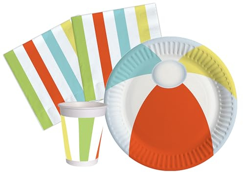 Kit Vaisselle de Fête Summer Party pour 8 personnes (36 pcs: 8 assiettes Ø23cm, 8 gobelets 250ml, 20 serviettes 33x33cm) en papier compostable eco-friendly