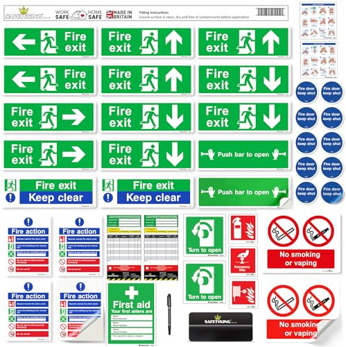 SAFETYKING® 33-Piece Fire Safety Signage Kit | Self-Adhesive Fire Exit Signs & Stickers | 30cm x 10cm | Keep Clear Sign