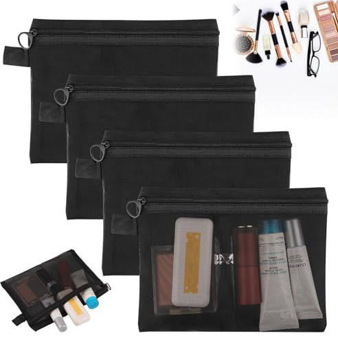Small Make Up Bag, 4Pcs Cosmetic Bag with Zipper, Black Mesh Makeup Bags