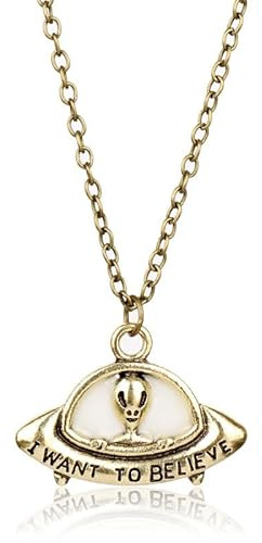 DACKLOONG Collier avec pendentif OVNI lumineux avec gravure « I WANT TO BELIEVE » - Collier vintage phosphorescent avec boîte cadeau, Zinc