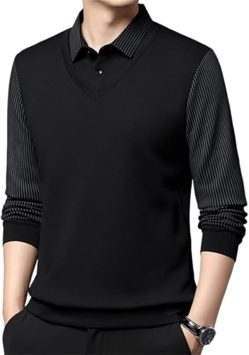 Men's Striped Lapel Fake Two-Piece Shirt Long Sleeve,Fake 2-Piece Knitted Shirt Polo Shirts Casual Sweater