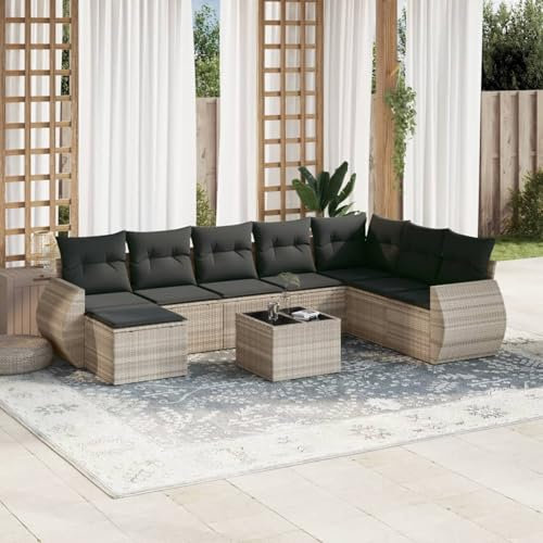 Homgoday Gartenmöbel-Set 9-teilig mit Kissen hellgrau Polyrattan, Möbel Set Schlafsofa Wohnzimmer Couch, Set Sofa für den Außenbereich für den Garten, Outdoor Typ3254109