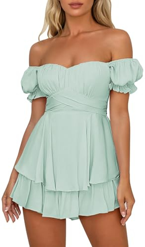 Pink Queen Damen Boho Kleid Strampler Sommer Kurz Schulterfreier Jumpsuit Off Shoulder Rüschen Chiffon Playsuit Türkis S