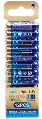 Pila alcalina LR03(AAA) 1.5 V, Pack de 12 Unidades, Ideal para Dispositivos electrónicos de bajo Consumo.