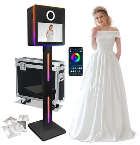 Portable Mirror Photo Booth + Flightcase, Mini-PC (8 GB + 128 G) + Windows 10 + RGB-Licht, 15,6-Zoll-Touchscreen-DSLR-Fotoautomat-Selfie-Maschine für Partys, Events, Hochzeiten,Black