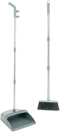 Upgrade Broom and Dustpan Combo Set - 3 Row Bristles & Extended Handles for No Bending, Self-Cleaning Dustpan Teeth, Stand-Up Storage, Indoor & Outdoor Sweeping (Bean Green)