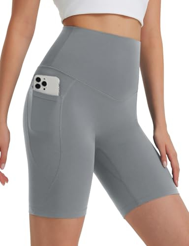 baleaf Cykelshorts för kvinnor med hög midja 7,6 cm/12,7 cm/8 tum löparshorts gym yoga kort med fickor, Grå, XL