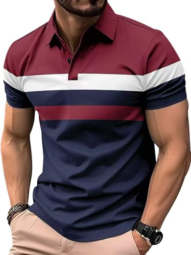 Comilaka Mens Polo Short Sleeve Casual Striped Poloshirts S-4XL | Contrast Color,Patchwork,Golf,T-Shirts,Tops,Regular Fit,Summer