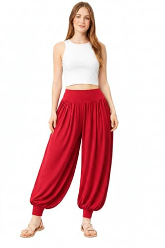 L S U Girls Harem Trousers Stretchy High Waist Baggy Pants Yoga Dance Casual Wear Kids Pilates Pants (RED 9-10)