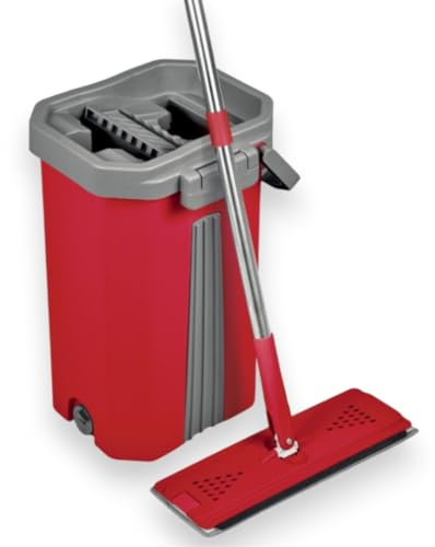 Balai Serpillière Mop Compact Malin – Kit Complet de Nettoyage avec Seau 2 Compartiments Nettoyer / Essorer – Manche 141 cm, Lingettes et Tête Plate et pivotante XL (Balai Pro + 2 Lingettes)