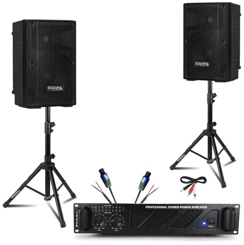 Ibiza - DJ-Set 2 Lautsprecher Ibiza XTK12-MKII 12 Zoll 500 W – Verstärker 2 x 600 W AMP800-MKII – Standfüße – PC-Kabel Speakon – Abend Hochzeit