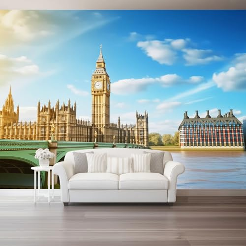 Papel Pintado Moderno Río Puente Edificios De Londres Azul Verde - Fotomurales Pared Tejido No Tejido Decorativos Murales Fotográfico Moderno Decoración de Paredes, 200 x 140 cm
