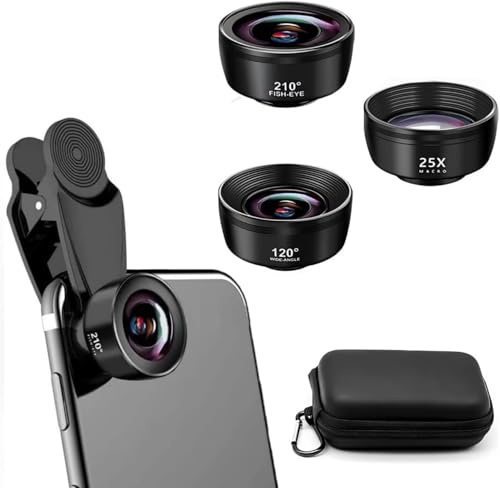 MEESOGA 3 in 1 Handy Objektiv Set, Handy Kamera Objektivs mit 210° Fischaugenobjektiv, 120° Weitwinkelobjektiv & 25X Makro Objektiv, Universal Smartphone Objektivs mit Clip für iPhone, Samsung, Xiaomi