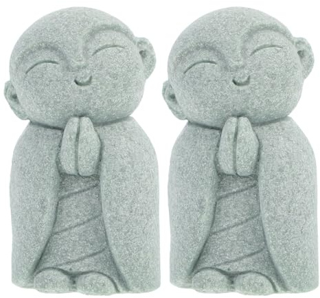 Kichvoe 2 Stück Lächelnde Buddha-Statue Aus Sandstein Meditationsmönchstatue Japanischer Buddha Figur Garten Zen-Feng-Shui-Dekor Mini-Ornamente Für Aquarium Teich Heimgarten