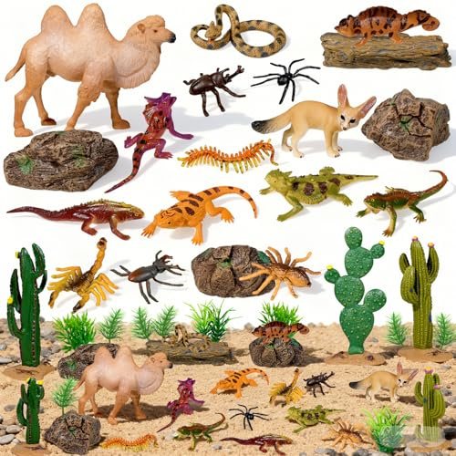 34 Pcs Desert Diorama Kit, Desert Diorama Supplies with Desert Animals Set | Desert Scene Supplies Animals with Tree and Cactus Figurines Plastic Lizard Scorpion for Micro Landscape Decoration