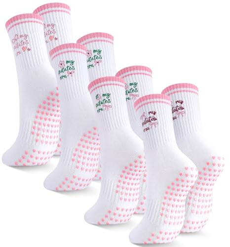 Utensilsto 4 Paar Pilates Grip Socken, Yoga Sportsocken Damen 36-40 Lustige Rutschfeste Socken Baumwolle Bestickte Antirutschsocken für Fitness Tanz Krankenhaus Schwangere Frauen