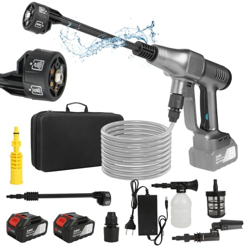 Nettoyeur Haute Pression sans Fil, 21V Max 200 Bar Nettoyeur Haute Pression sur Batterie 6,0Ah, Press & Clean Pistolet de Lavage avec écran LCD de Puissance et 3 Vitesses (Argent)
