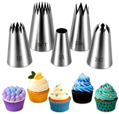 Cake Decorating Nozzle Set 1A 1E 347 356 9FT, 5 Pack Seamless Stainless Steel Icing Piping Tips for Cupcake and Cookies