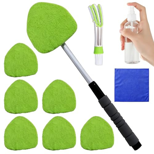 MQWDGJ Limpiador de parabrisas de coche, juego de 6 almohadillas de microfibra y pulverizador, limpiador interior de parabrisas con mango extensible, giratorio 180 grados (verde)