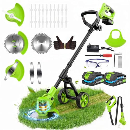 Decespugliatore a Batteria da 21V, TelescopicoTagliabordi a Batteria Decespugliatore Elettrico con 2 2Ah Batterie, Ruote di Rimovibili, 3 Tipi di Lame per Il Taglio Di Giardini Prati