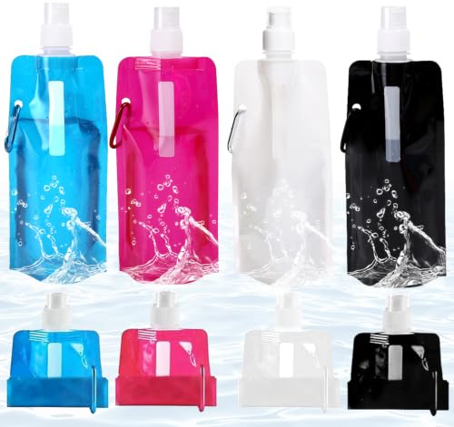 Ferizzia 4 Pièces Flasque Running avec Robinet, 480 ML Gourde Pliable | avec Mousqueton, Réutilisable, Étanche, Bouteille d'eau Pliable, Sans BPA, Gourde Souple d'Eau pour Sport, Vélo, Travail