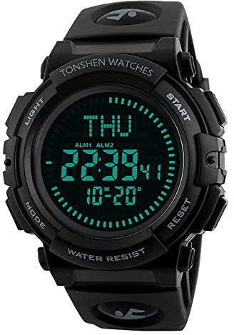 TONSHEN Digitaluhr Sportuhr 50M Wasserdicht Multifunktionale Militär Tactical Kompass Armbanduhr LED EL Licht Outdoor Plastik Uhr mit Silikon Band