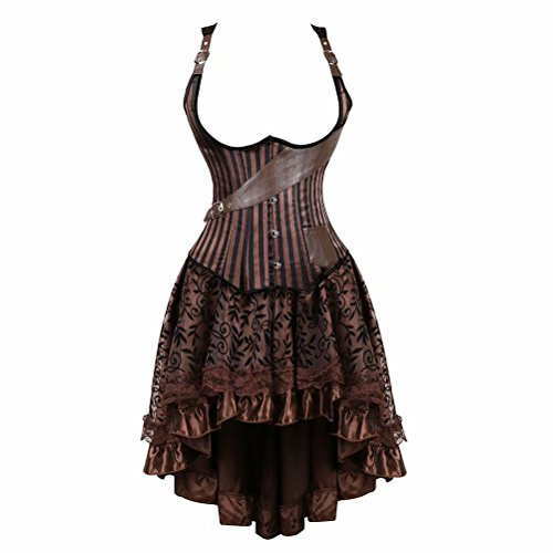 Jutrisujo Corsagenkleid steampunk unterbrust leder corsage korsett Kleid piraten rock burlesque halloween Braun M