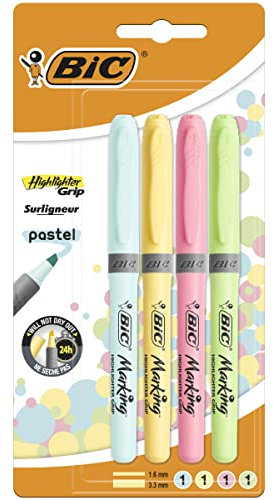 BIC Intensity, Highlighter Grip, Evidenziatori Pastello Colorati, Tecnologia Anti-Essicazione e Punta a Scalpello, 4 Unità, Cancelleria Scuola