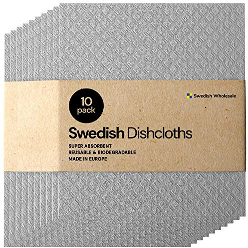 Swedish Wholesale Dishcloths Reusable 8 x 7 Sponge Cloths, Bulk 10 Pack of High Absorbent Cellulose Dish & Kitchen Cleaning Hand Towels, Wring to Dry & Machine Wash, Odor Resistant, Grey