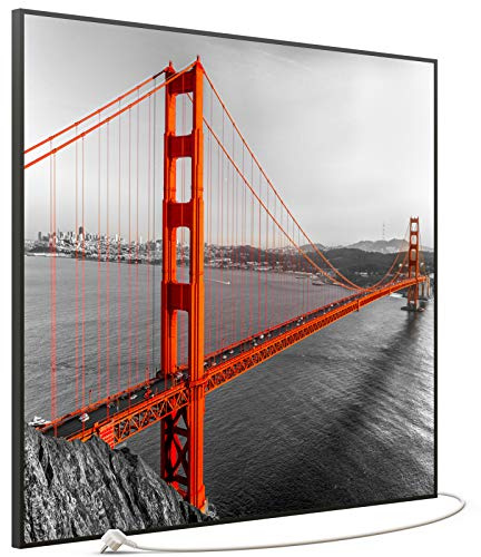 STEINFELD Bild Infrarotheizung mit Thermostat | Made in Germany | viele Motive 350-1200 Watt Rahmen schwarz (1200 Watt, 041 Golden Gate)