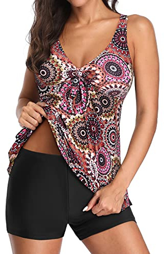 Women Flowy Tankini with Shorts Two Piece Swimsuit Bowknot Bathing Suit