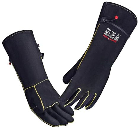 AOUCHI gants de soudage pour barbecue en cuir de vache, coutures Kevlar, gants ignifuges et résistants à la chaleur à manches longues pour barbecue, incendie, cheminée, four, cuisson, cuisinière 40CM