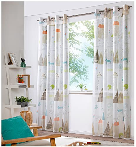 heimtexland ® Vorhang Kindergardine Skandi Leinen Optik Natur Bunt Deko Gardine Kinderzimmer Transparent Typ755 Ösenschal HxB 225x135 cm