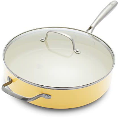 GreenLife Artizan Healthy Ceramic Non-Stick 30 cm/4.8 Litre Sauté Pan Jumbo Cooker with Helper Handle and Lid, Stainless Steel Handle, Induction, PFAS Free, Oven Safe, Yellow
