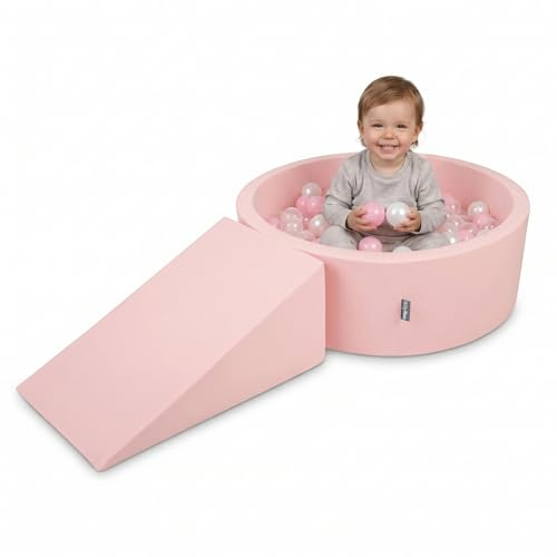KiddyMoon Spielplatz mit bällebad 90x30cm und Rampe 100 Bälle 7cm Schaumstoff ballgrube für Baby und Kleinkinder - Pink: Puderrosa Perle Transparent