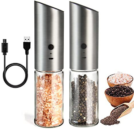 LTLWSH Macina Sale E Pepe Elettrico, Macina Pepe Elettrici, Sale E Pepe Elettrico con Luce LED, Grinder Professionale, Ricaricabile Tramite USB Meccanismo in Ceramica Regolabile,2pcs