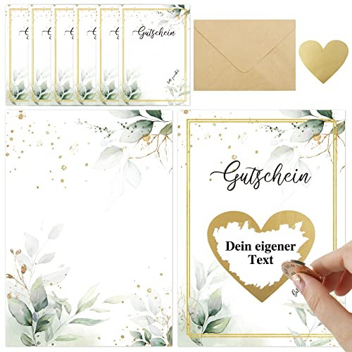 6* Rubbelkarten selbst beschriften + 6* Umschlag Gutschein Karte zum selber gestalten Rubbellos Herz Set für eigenen Text ausdrucken Geschenk zum Geburtstag Weihnachten (Grün)