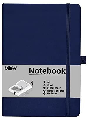 Mlife A5 Journal Notizbuch, 192 Seiten, Hardcover mit elastischem Verschlussband und Falttasche (Blau)