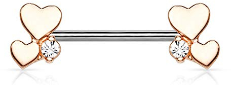 beyoutifulthings Brustwarzen-piercing Herzen Gold Roségold Zirkonia Clear Brust-piercing Nippel-piercing Intim-piercing Chirurgenstahl Stab 14-mm