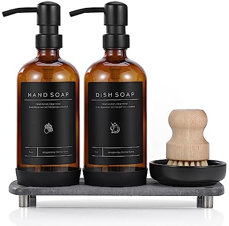 [Luxury] Kitchen Soap Dispenser Set - 16OZ Amber Glass Bottle, Stainless Steel Pump, Instant Dry Tray, Waterproof Labels, Non-Slip Silicone Pad, and Dish Brush | Upgrade for Your Kitchen and Bathroom