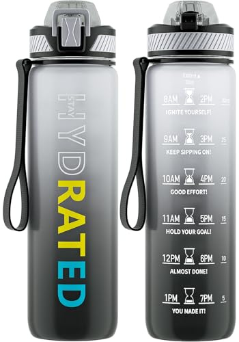 QLUR Trinkflasche, 1L BPA-Frei Tritan Wasserflasche mit Strohhalm, Trinkflasche Sport Auslaufsicher mit Zeitmarkierung und Bürste, Sportflasche für Fitness, Yoga, Gray Gradient (1 Flasche)