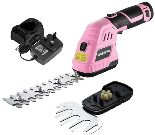 WORKPRO 2-in-1 Cordless Hedge Trimmer and Grass Shear, 12V Electric Hedge Trimmer with 2000mAh Battery, Handheld Garden Trimmer with 2 Interchangeable Blades for Gardening