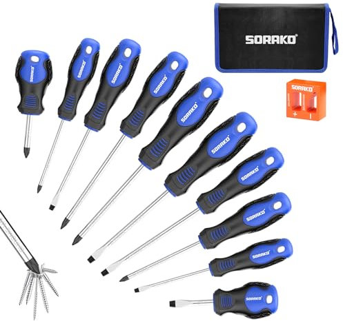 SORAKO Coffret tournevis 11 pièces, Avec démagnétisation 2 en 1, sac en nylon haute densité, pointe magnétique, poignée antidérapante professionnelle, avec 5 embouts plats, 5 cruciformes